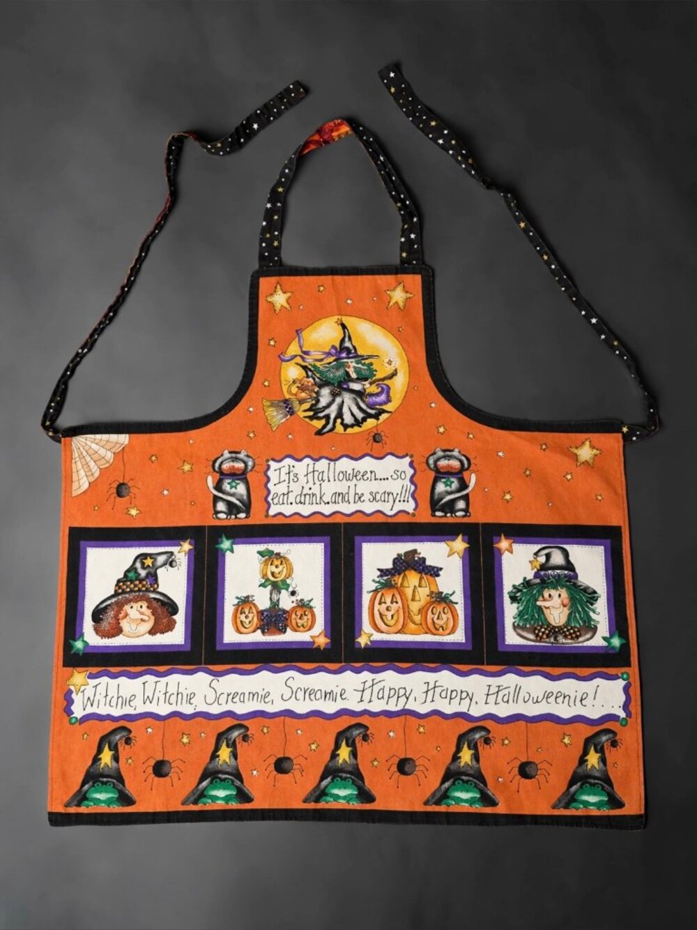 Vintage Reversible Halloween Apron Debbie Mumm Witch Print Fall Sunflower